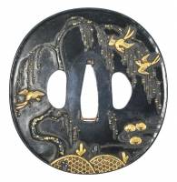 鍔　無銘　加賀金工　柳燕菊花唐草図鍔　(TU-030924)-1