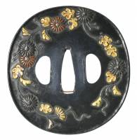 鍔　無銘　加賀金工　柳燕菊花唐草図鍔　(TU-030924)-2