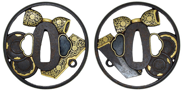 鍔 無銘 京正阿弥 鞨鼓文箱透鍔 保存刀装具鑑定書