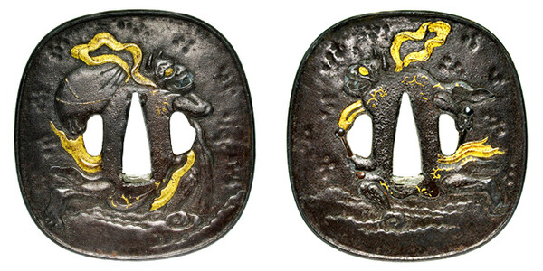 鍔 無銘 東竜斎派 風神雷神図 保存刀装具