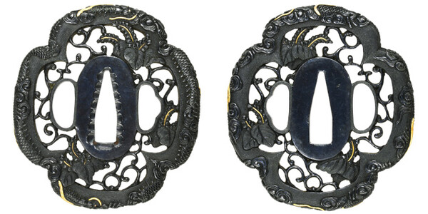 鍔 無銘 伝 美濃 後藤吉教 唐草に風吹桐に上下這龍図鍔 日本刀剣保存会鑑定書