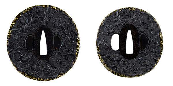 大小鍔 無銘 武州伊藤派 牡丹図大小鍔 特別保存刀装具鑑定書