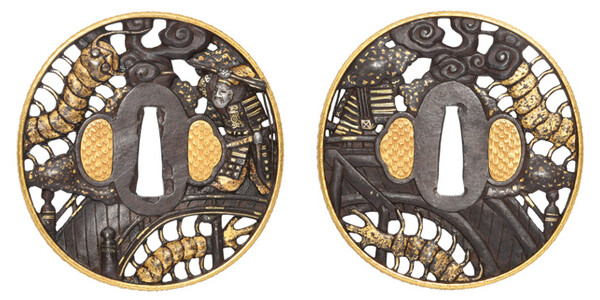 鍔 無銘 彦根 俵藤太百足退治透鍔 保存刀装具鑑定書