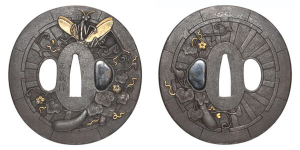 鍔 銘 正義作 龍車蟷螂図鍔 特別保存刀装具鑑定書