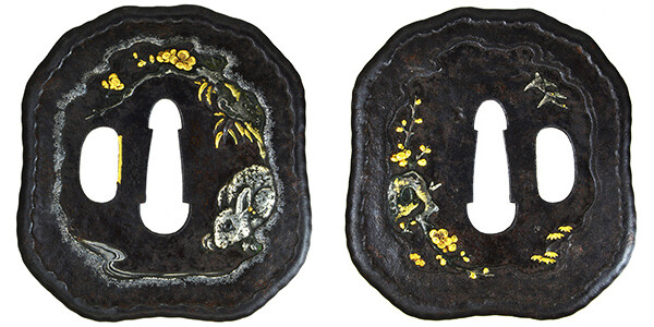 鍔 銘 寿景 梅樹に兎図鍔 保存刀装具鑑定書