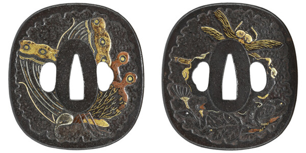 鍔 無銘 東龍斎派 揚羽蝶勝虫図鍔 特別保存刀装具鑑定書