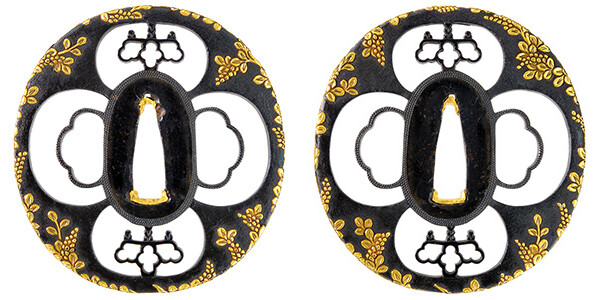 鍔 無銘 尾張金工 天地桐紋透萩図鍔 特別保存刀装具鑑定書