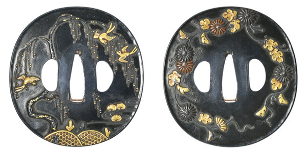 鍔 無銘 加賀金工 柳燕菊花唐草図鍔 特別保存刀装具鑑定書