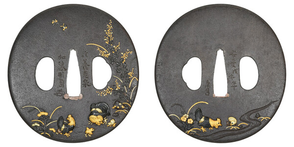 鍔 銘 於養老泉 加藤明周(花押) 安政戊午年 南呂 秋草親子鶏図鍔 特別保存刀装具鑑定書