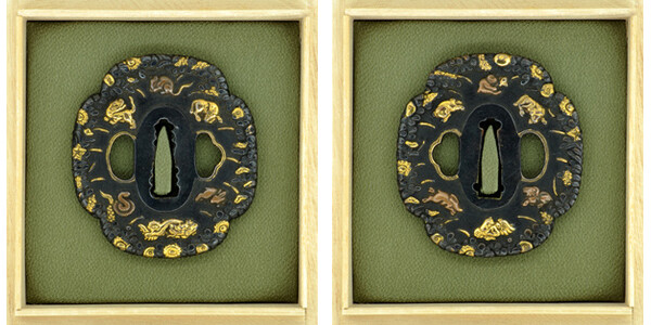 鍔 無銘 古金工 秋草に十二支之図 日本刀剣保存会鑑定書