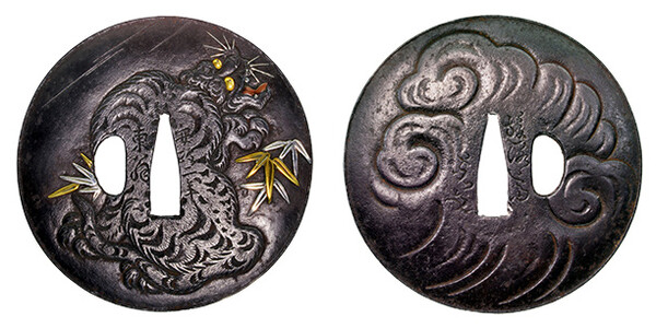 鍔　銘　遊洛斎赤文　安政二年東翁　竹虎図　特別保存刀装具鑑定書 商品画像