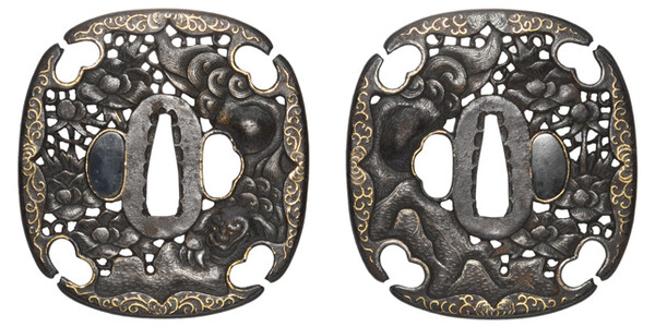 鍔 無銘 長州 牡丹獅子透鍔 特別保存刀装具鑑定書