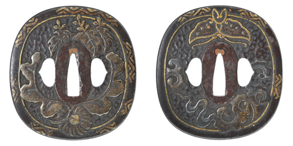 鍔 無銘 熊谷派 菊桐蝶唐草図鍔 特別保存刀装具鑑定書