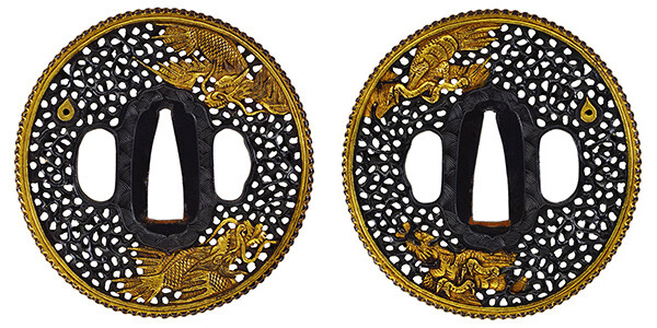 鍔 無銘 南蛮 珠追双飛龍透鍔 保存刀装具鑑定書