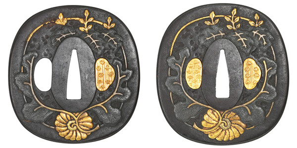 鍔 鐔 鉄地 金銀象嵌 武具 刀装具 骨董【山水楼閣図透鍔】(鍔箱付き) 鍔 鐔 鉄地 金銀象嵌 武具 刀装具 骨董【山水楼閣図透鍔】(鍔箱付き