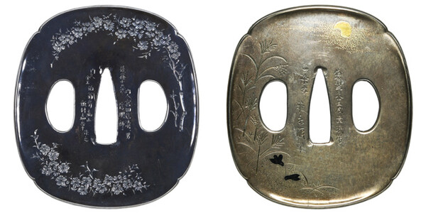 鍔 銘 後藤十六代門人宮田信清男信明師門人金工伯翁斎嘉山飯村嘉章作之 伯翁斎八十三歳章珉作 一乗写 雅永(花押) 春秋図鍔 保存刀装具鑑定書