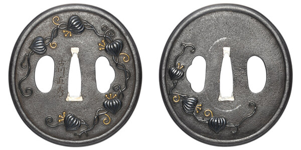 大小鍔 銘 古川直秀 鬼灯図 特別保存刀装具鑑定書