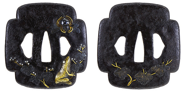 鍔 銘 甚吾作 蛙に補虫蜘蛛図鍔 保存刀装具鑑定書