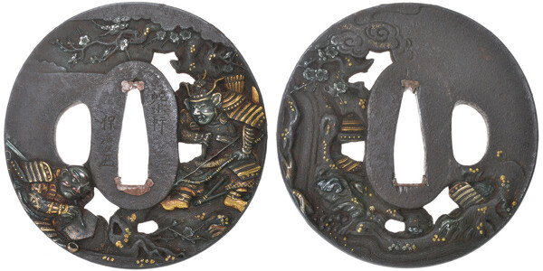 鍔 銘 蛇逃軒保慶(花押) 義経弁慶透鍔 特別保存刀装具