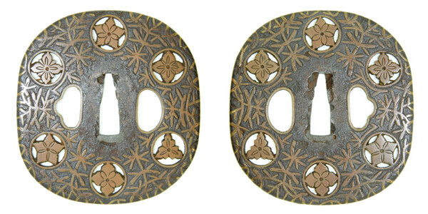 鍔 無銘 与四郎 武鑑散透真鍮平安城象嵌鍔 保存刀装具鑑定書