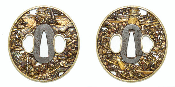 鍔 銘 江州彦根住 藻柄子入道宗典製 合戦図鍔 日本刀剣保存会鑑定書