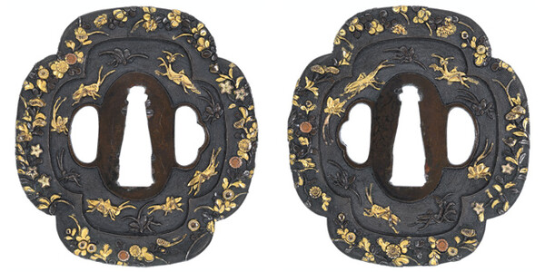 鍔 無銘 後代美濃 秋草に虫図鍔 保存刀装具鑑定書