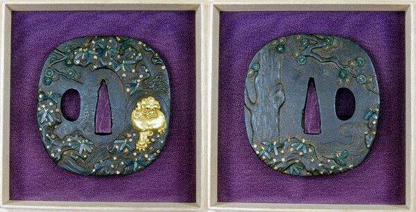 鍔 柳川直隆 (花押) 松笹に滝獅子図保存刀装具鑑定書