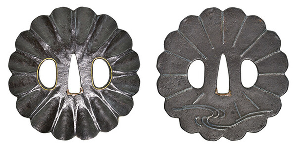 鍔 無銘 庄内 菊花菊水図鍔 寒山箱書 保存刀装具鑑定書