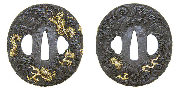 鍔 一柳友善(花押) 波龍図鍔 所載品 保存刀装具鑑定書