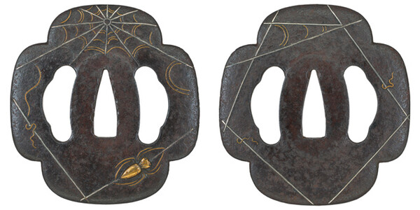 鍔 無銘 江戸肥後 左右松透蜘蛛図鍔 保存刀装具鑑定書