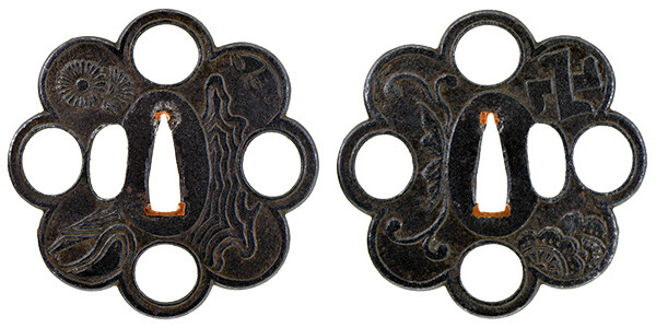 鍔 無銘 鎌倉 菊水卍図鍔 保存刀装具鑑定書