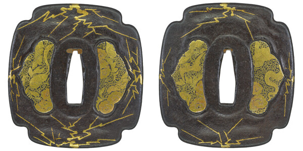 鍔 無銘 江戸肥後 枯木散図鍔 保存刀装具鑑定書