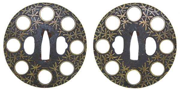 鍔 無銘 平安城象嵌 九曜紋透 水藻散図鍔 保存刀装具鑑定書