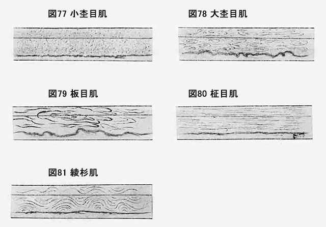 図77　小杢目肌 図78　大杢目肌 図79　板目肌 図80　柾目肌 図81　綾杉肌