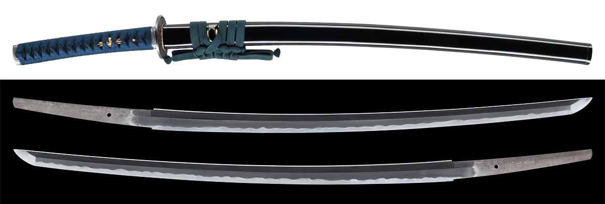 刀　津軽住人義信造之　昭和廿年五月日　黒蝋色塗鞘打刀拵入