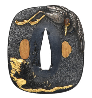 鍔　銘　友寿(花押)　松鶴図鍔　特別保存刀装具鑑定書