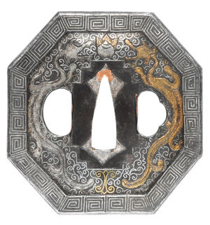 鍔　無銘　南蛮　珠追双龍唐草図鍔　特別保存刀装具鑑定書の販売