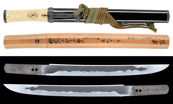 短刀 備前国住長船与三左衛門尉祐定作(二代) 天正四年八月吉日 附 鱗家紋銀一作合口拵 特別保存刀剣鑑定書 末古刀上々作 寒山鞘書の販売