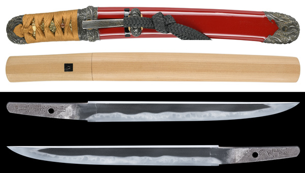 短刀 玉心斎正蔭 明治四年二月日 附 朱漆塗鞘合口短刀拵(銀一作 波濤図金具) 特別保存刀剣鑑定書の販売